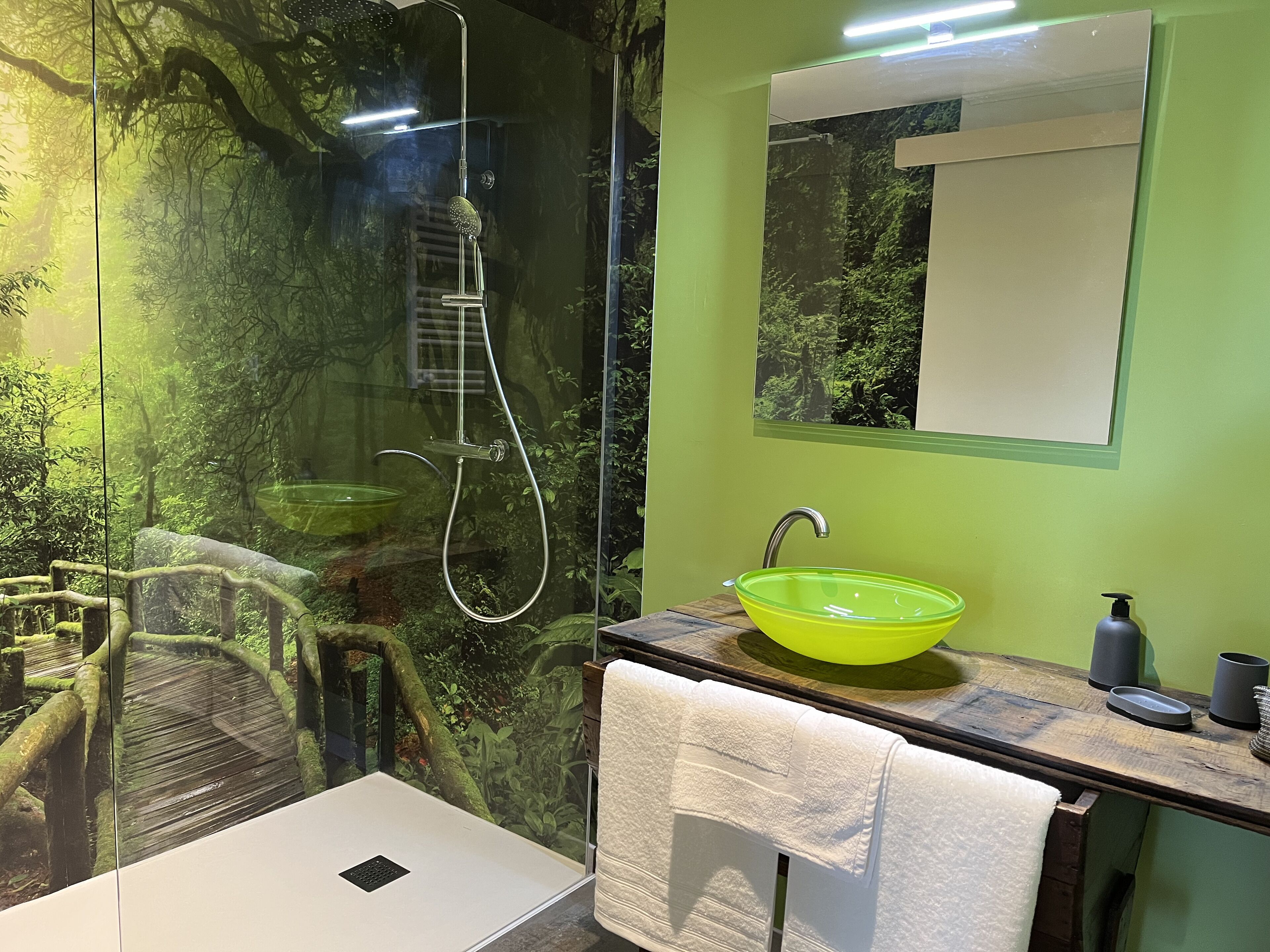 Douche, sèche-cheveux, serviettes fournies, savon