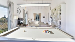 Een biljart tafel met biljartballen, een bank, een televisie en een boekenplank in een goed verlichte kamer met uitzicht op bomen.
