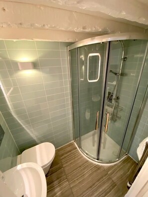 Shower, hair dryer, towels, toilet paper