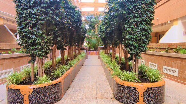 Un couloir au sol carrelé, bordé de jardinières contenant des arbres et des arbustes, et doté d’un plafond haut avec des puits de lumière.