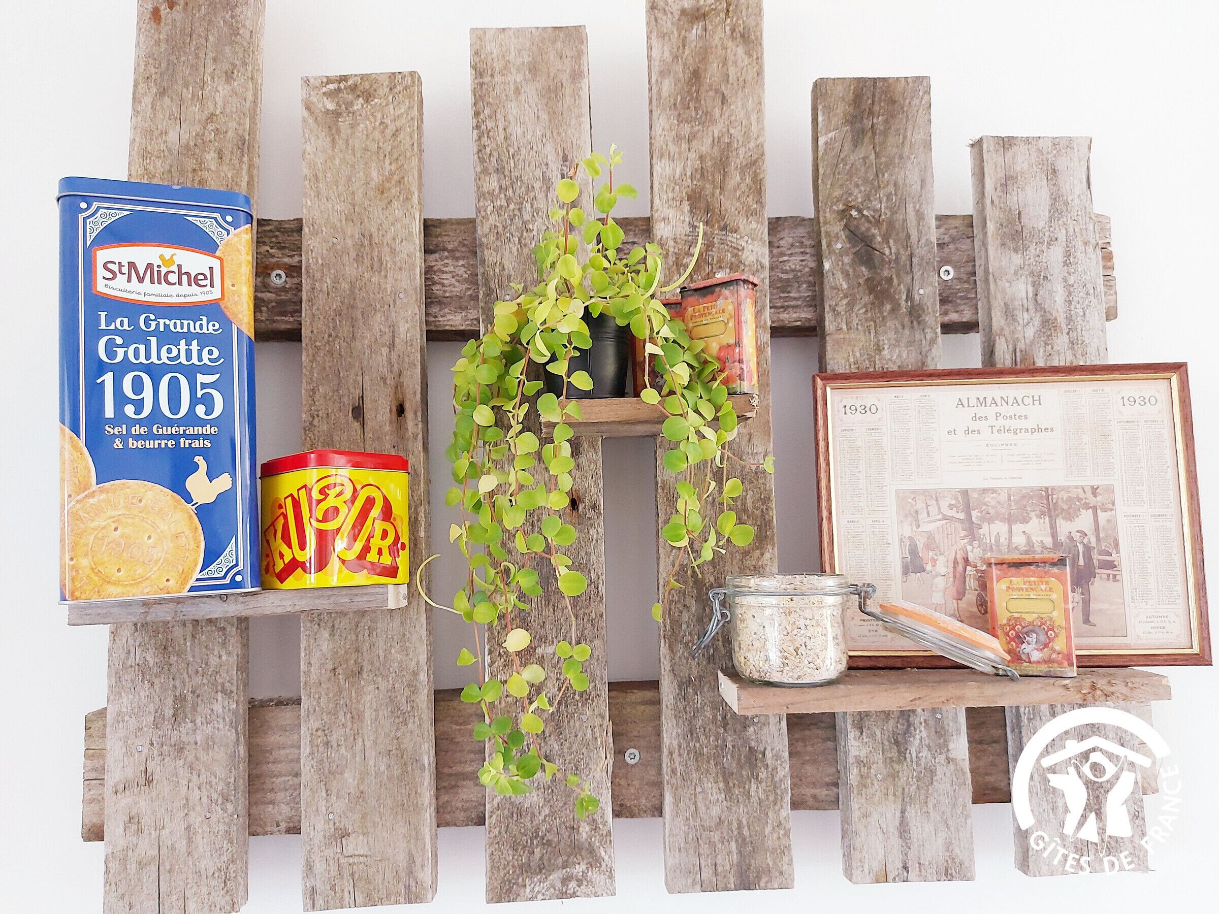 A rustic wooden shelf with a biscuit tin, a can of soup, a framed newspaper, and a hanging plant.