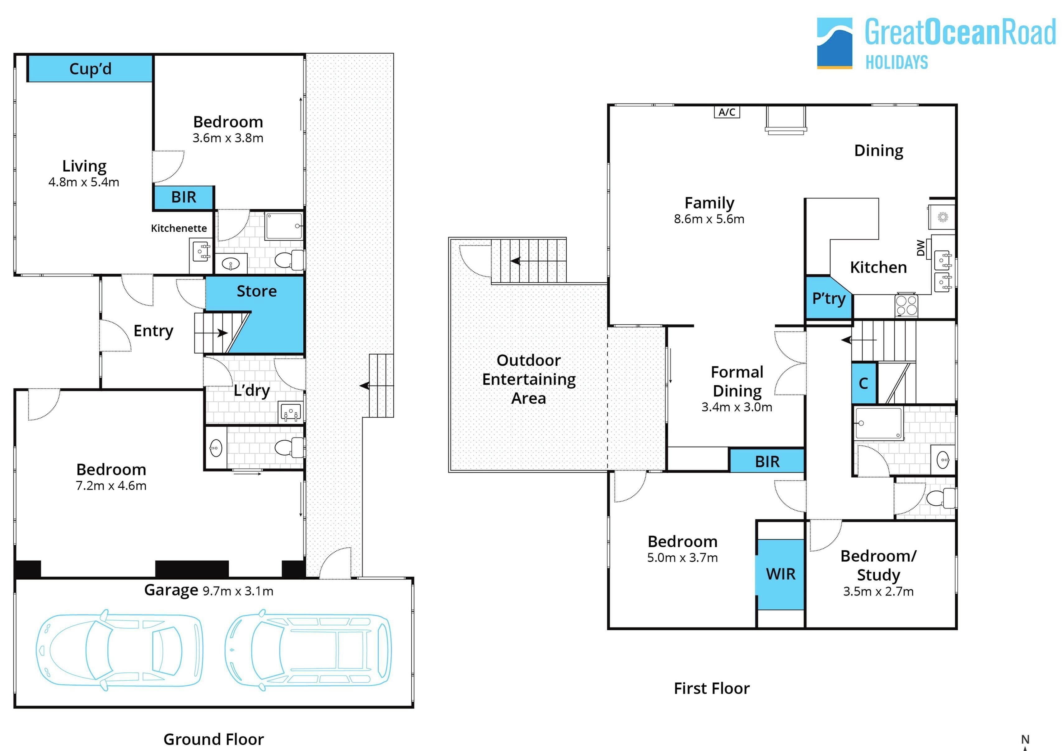 Grundriss eines Hotels im ersten Stock mit Wohnzimmer, Schlafzimmern, Küche, Essbereich und Garage.