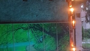 Un jacuzzi con vistas a un paisaje verde a través de un muro de cristal, vigas de madera en el techo e iluminación exterior.