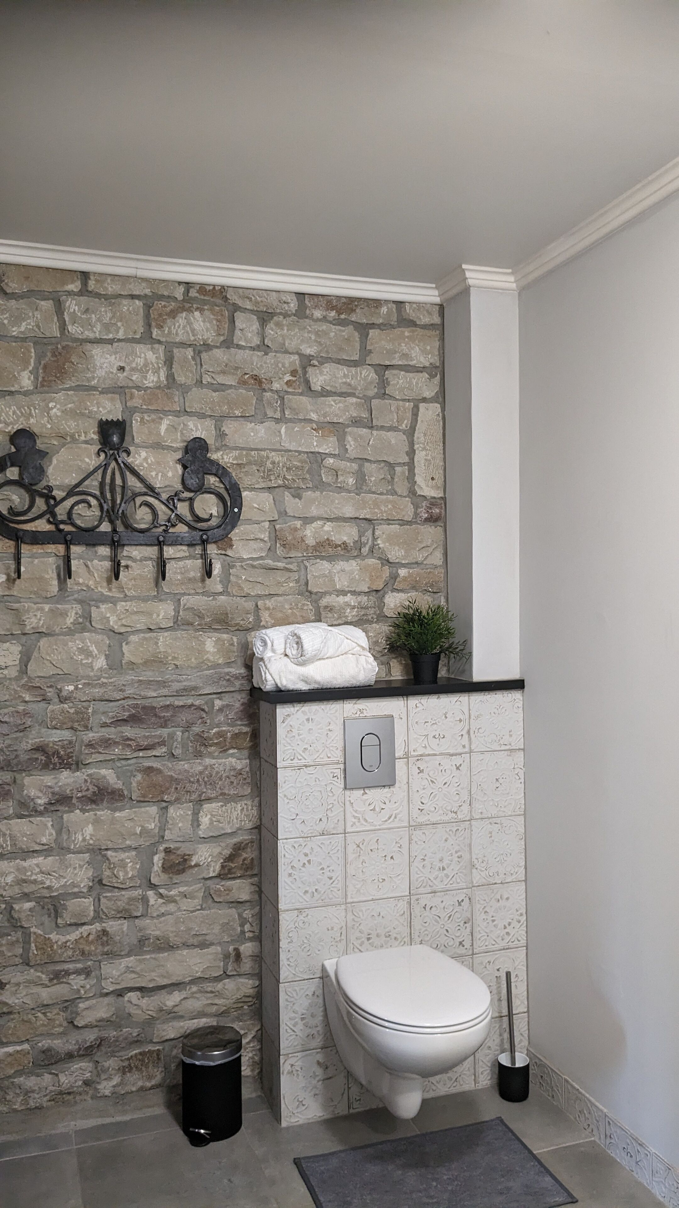A bathroom with a stone wall, a white toilet, a black trash bin, and a towel rack with a towel and a plant.