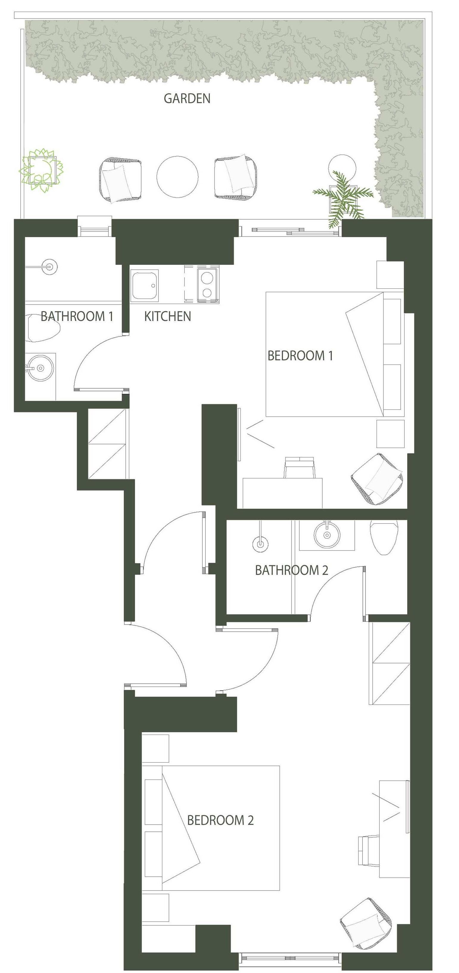 A floor plan of a house with two bedrooms, two bathrooms, a kitchen, and a garden.