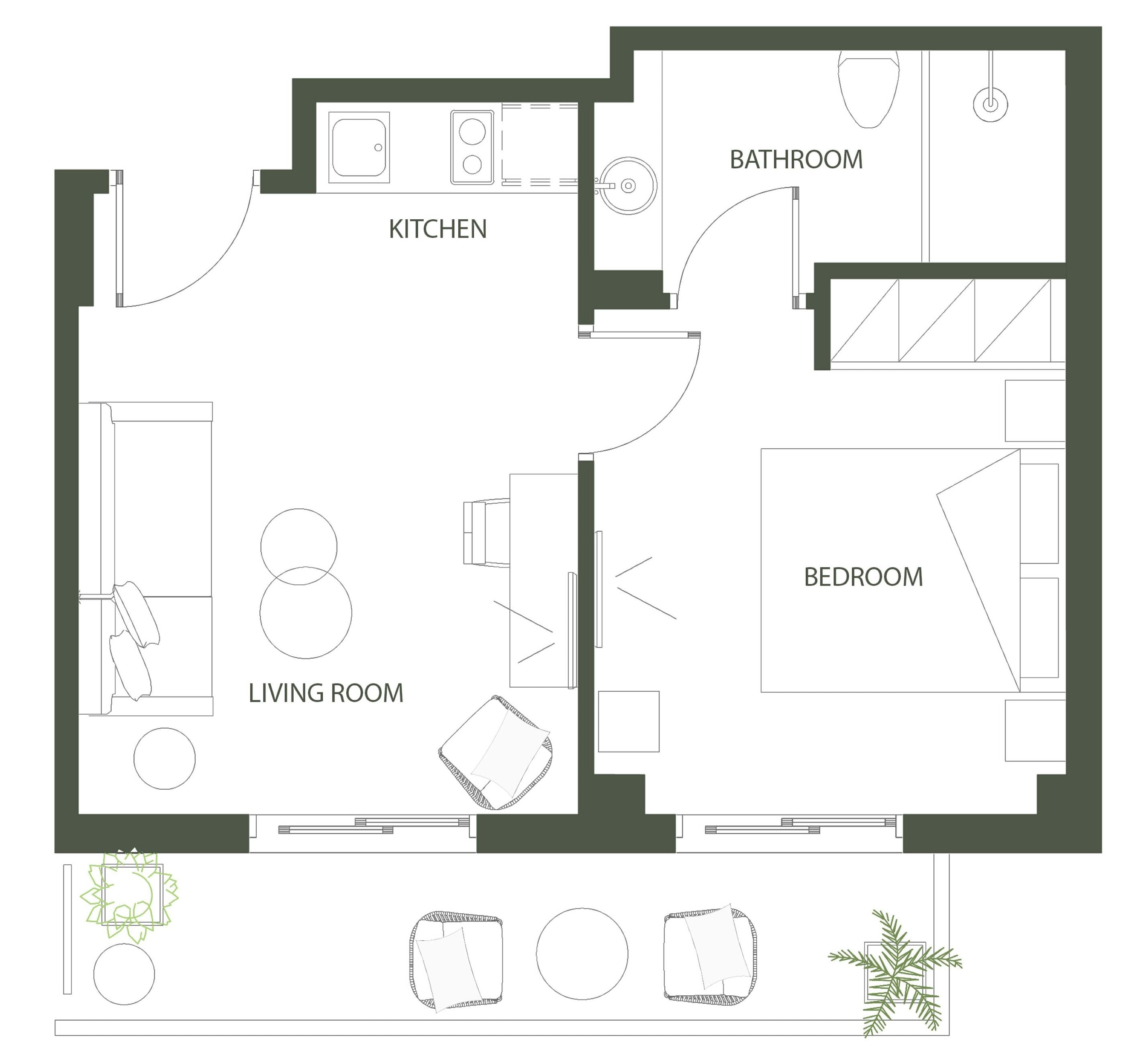 A floor plan of a house with a kitchen, bathroom, living room, and bedroom.