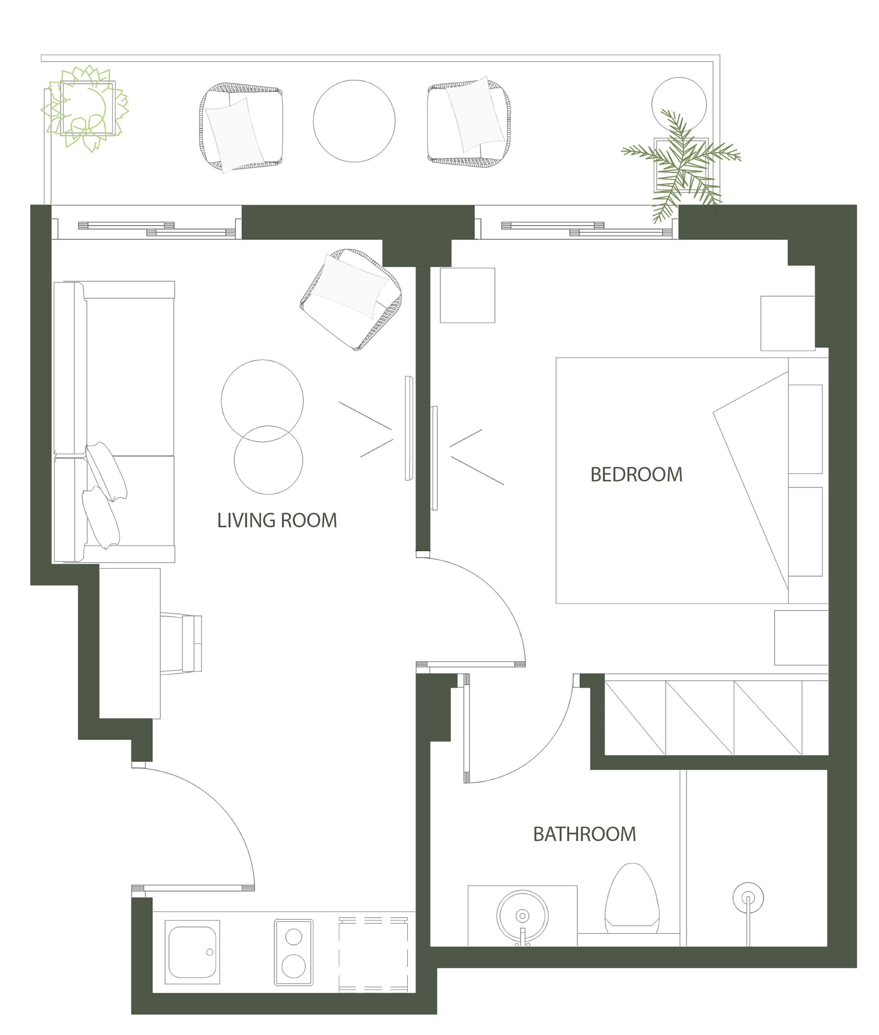 Un plan d’étage d’une maison comprenant un salon, une chambre et une salle de bain.