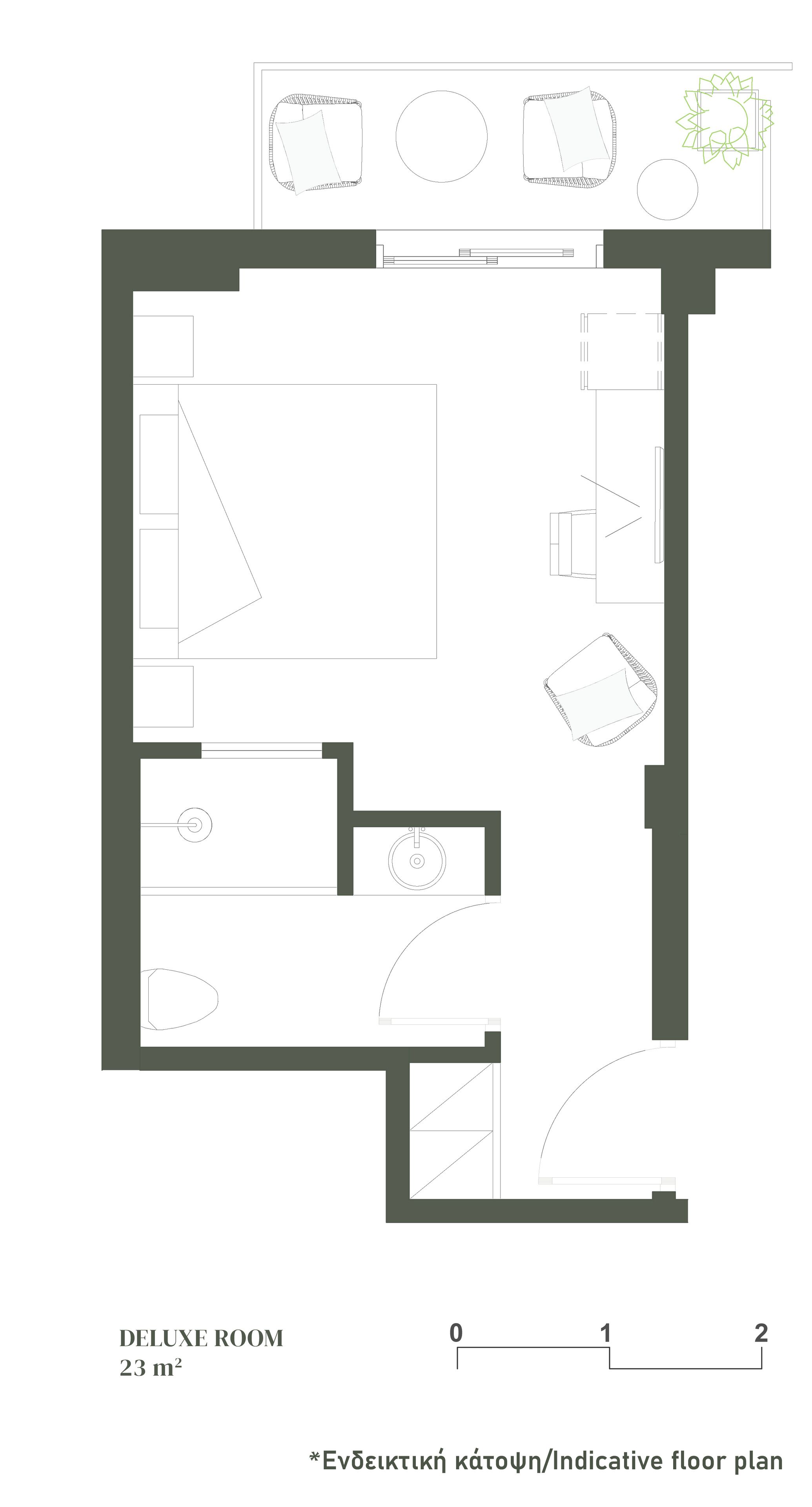 An indicative floor plan of a DELUXE ROOM measuring 23 m², including a kitchenette, a bathroom, and a seating area.