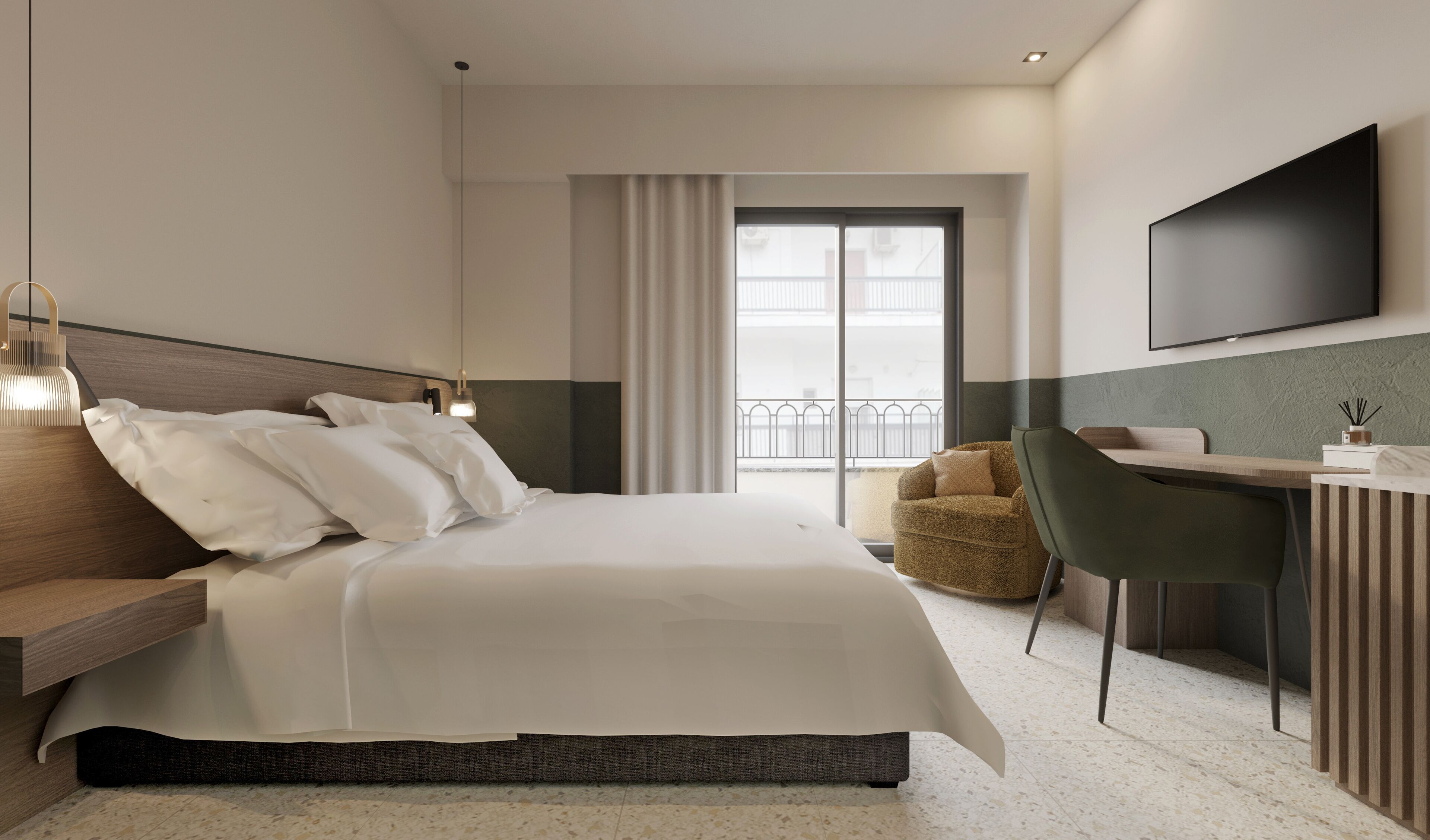 A modern hotel room with a large bed, a desk, a chair, a TV, and a balcony view.