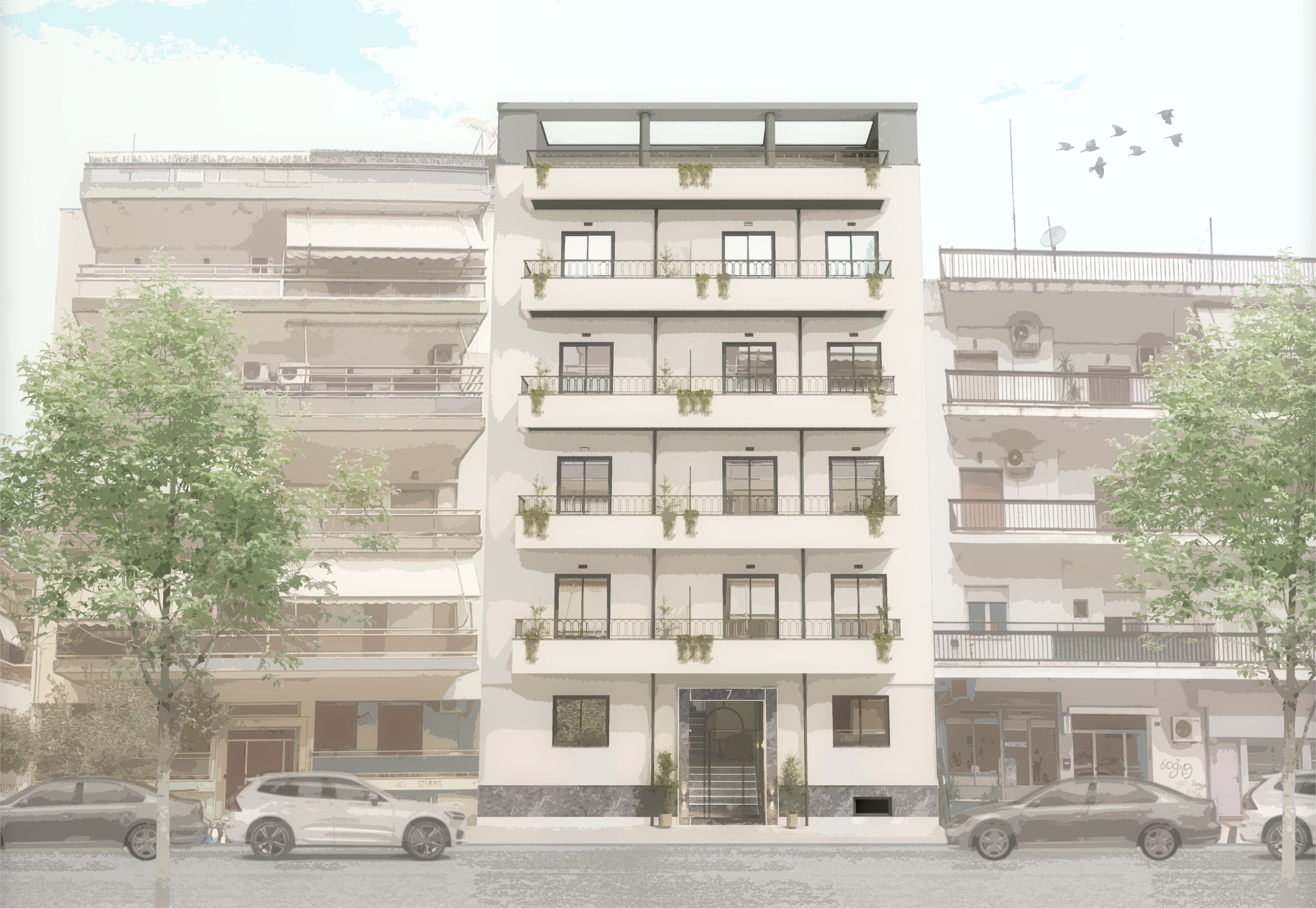 A multi-story building with balconies, a central entrance, and a parking area in front.