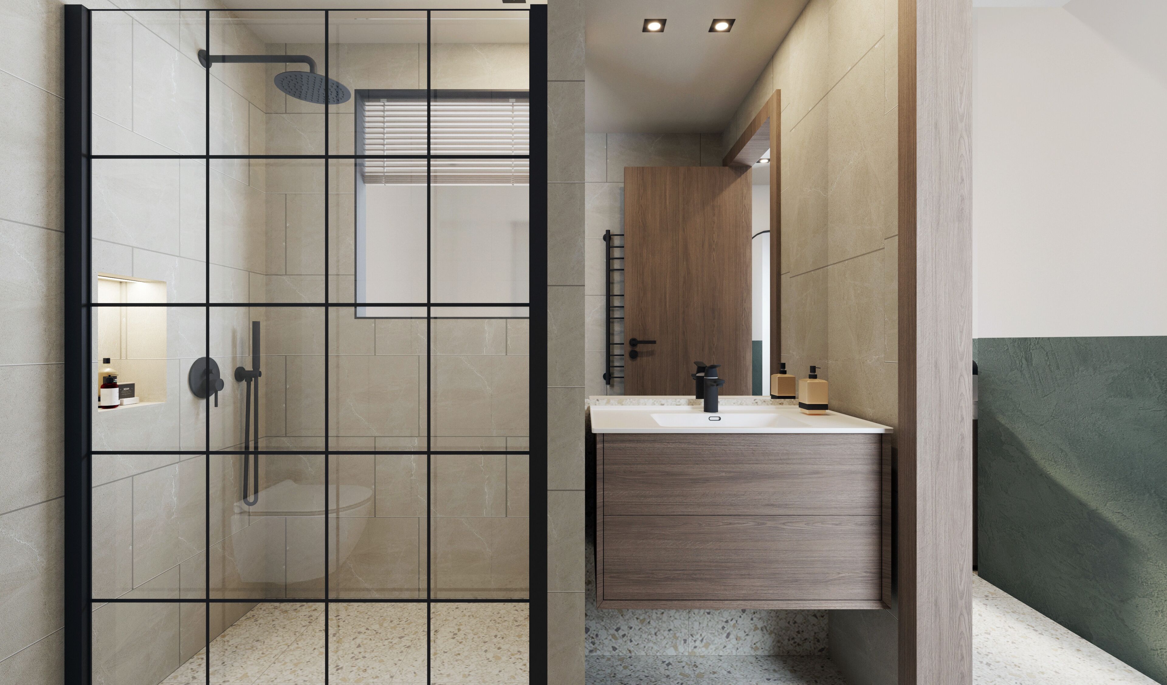 Un baño moderno con ducha envuelta en vidrio, tocador de madera y un espejo grande.