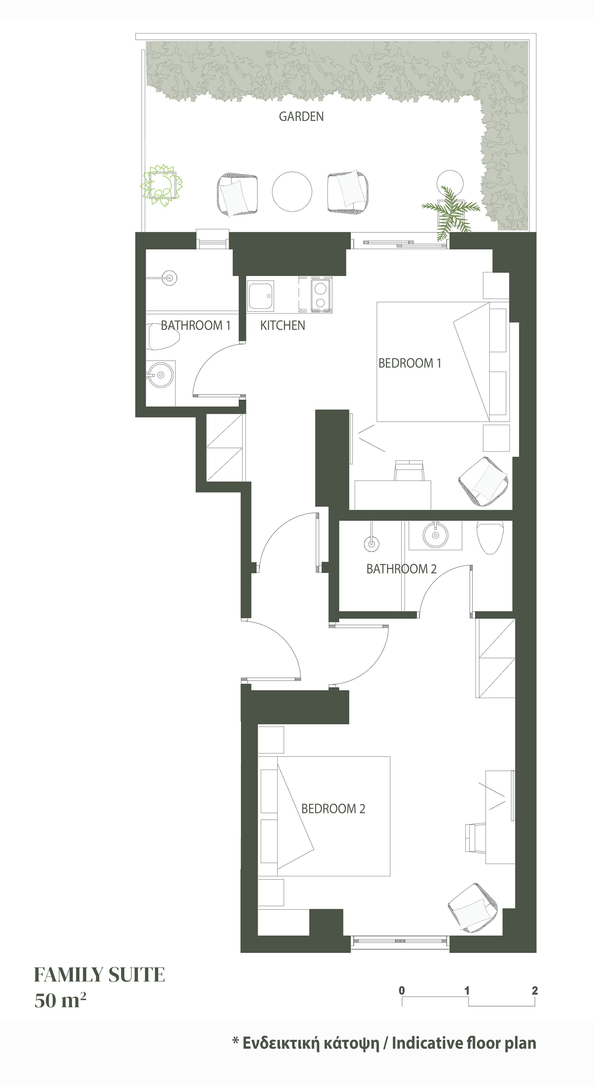 Grundriss einer Familien Suite mit zwei Schlafzimmern, zwei Bädern, einer Küche und einem Gartenbereich.