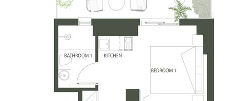 A family suite floor plan with two bedrooms, two bathrooms, a kitchen, and a garden area.