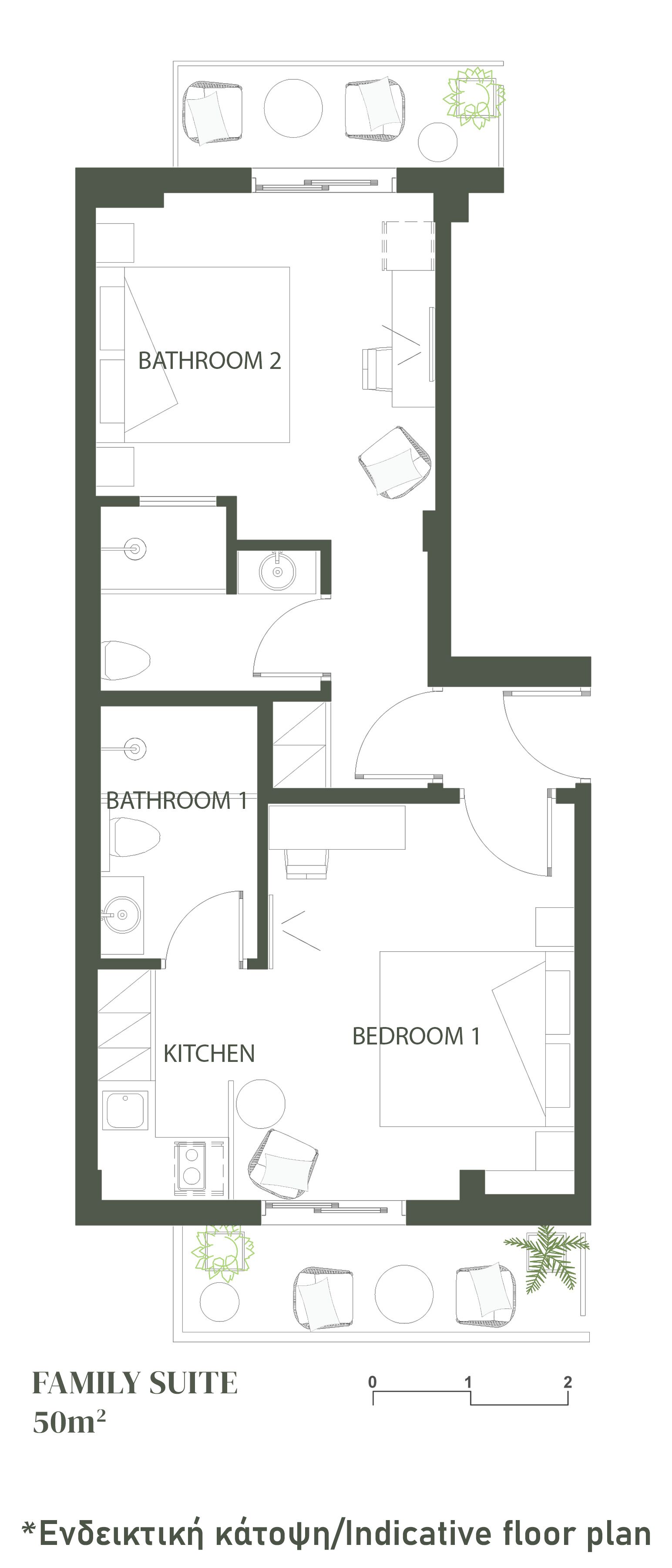 A family suite floor plan with two bedrooms, two bathrooms, a kitchen, and a dining area.