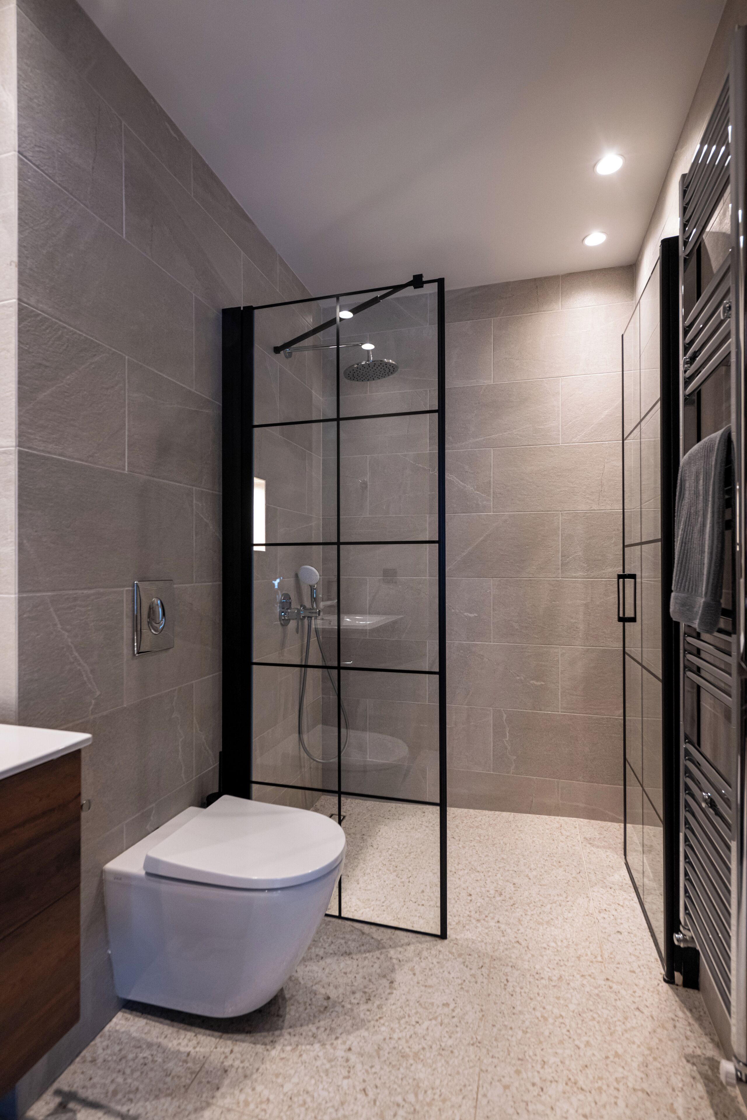 A modern bathroom with a glass-enclosed shower, a white toilet, and a towel rack.