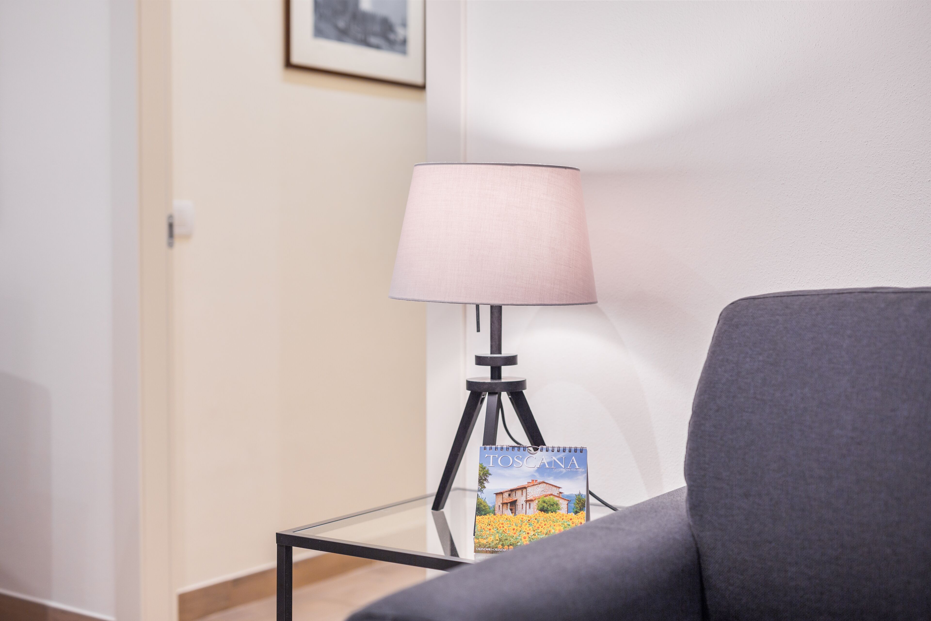 A modern room with a grey sofa, a glass table with a lamp, and a book titled "Toscana" on the table.