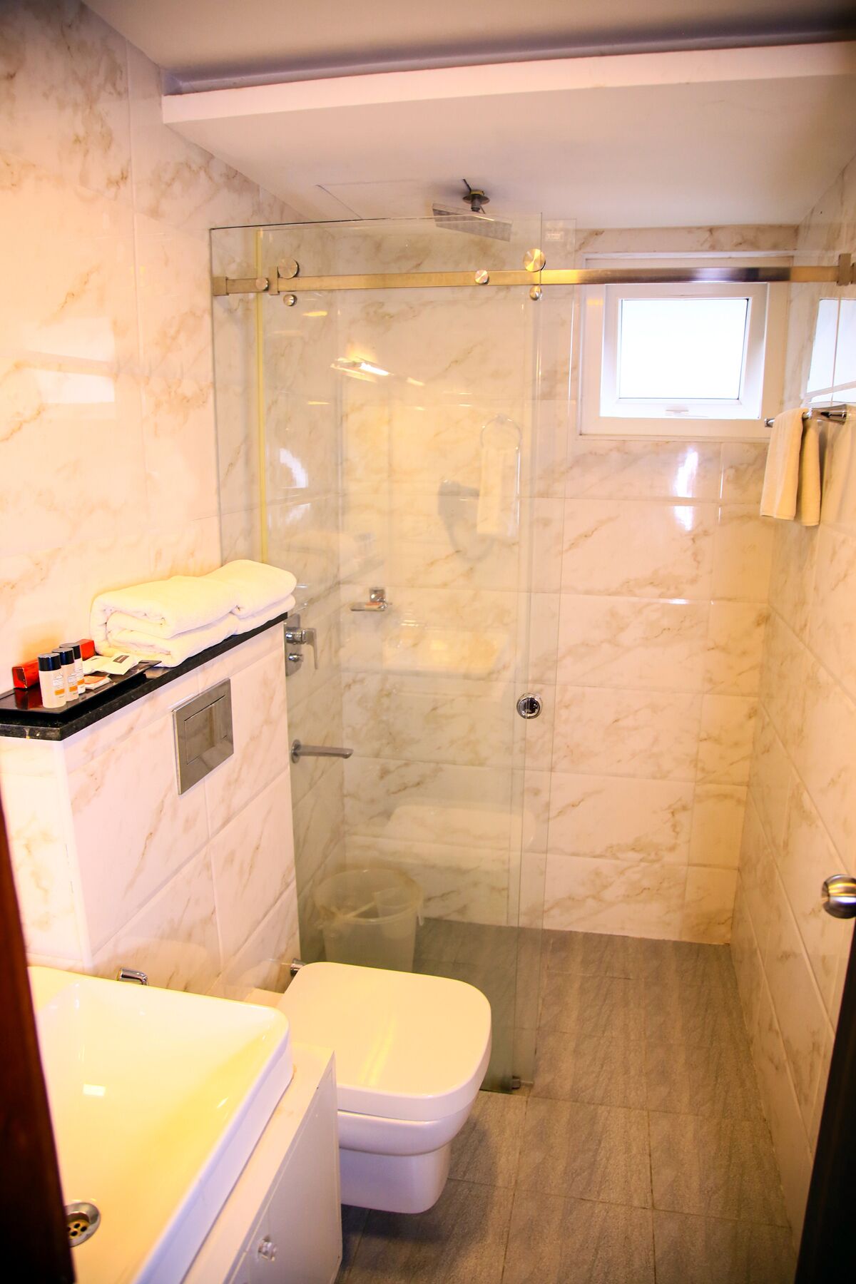 A compact bathroom with a glass shower enclosure, a toilet, and a sink with toiletries.