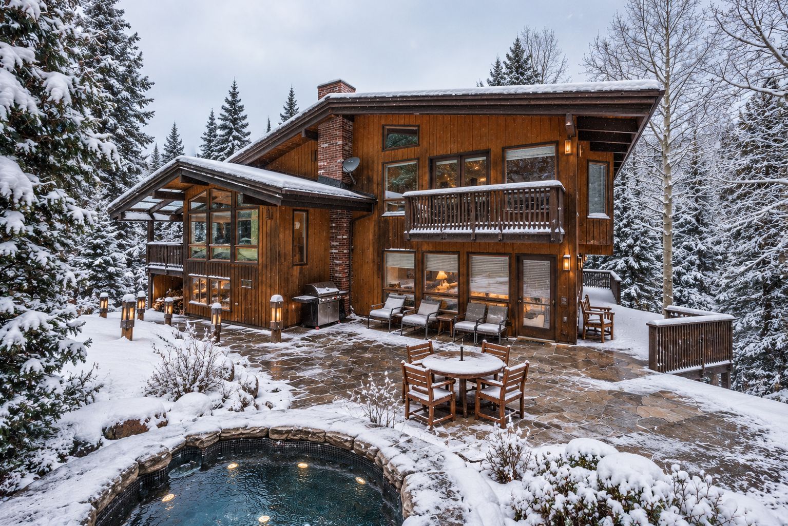 A wooden cabin with a stone patio, outdoor seating, and a hot tub.