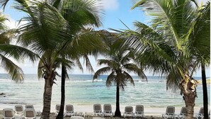 A beach with palm trees and white lounge chairs facing the ocean. - Superbe Appartement à Saint François Direct sur la Plage (Saint François)