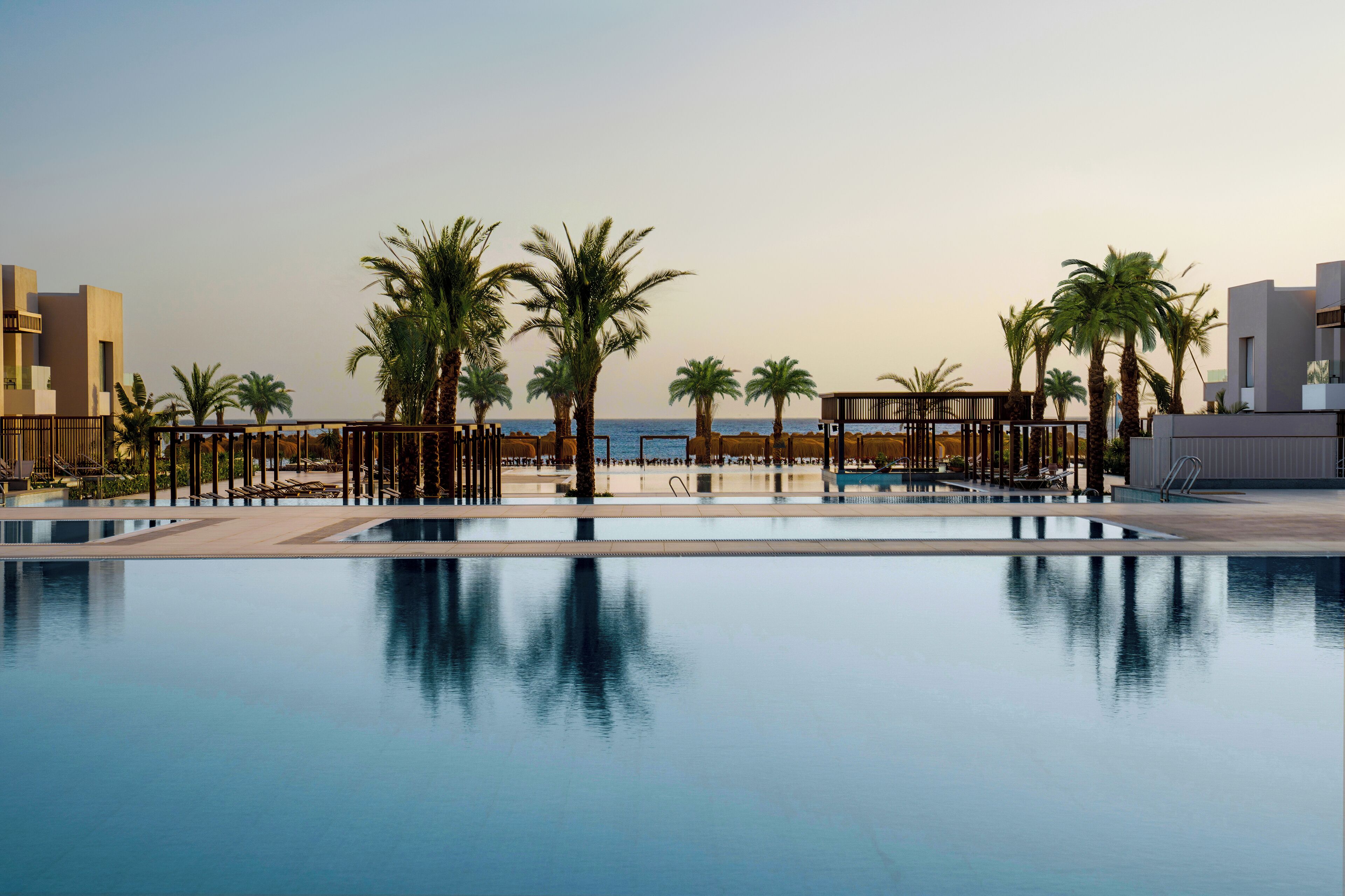 A swimming pool with palm trees and a view of the sea.