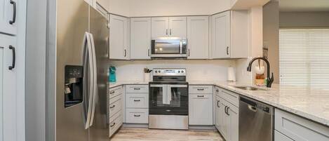 Fridge, microwave, oven, dishwasher