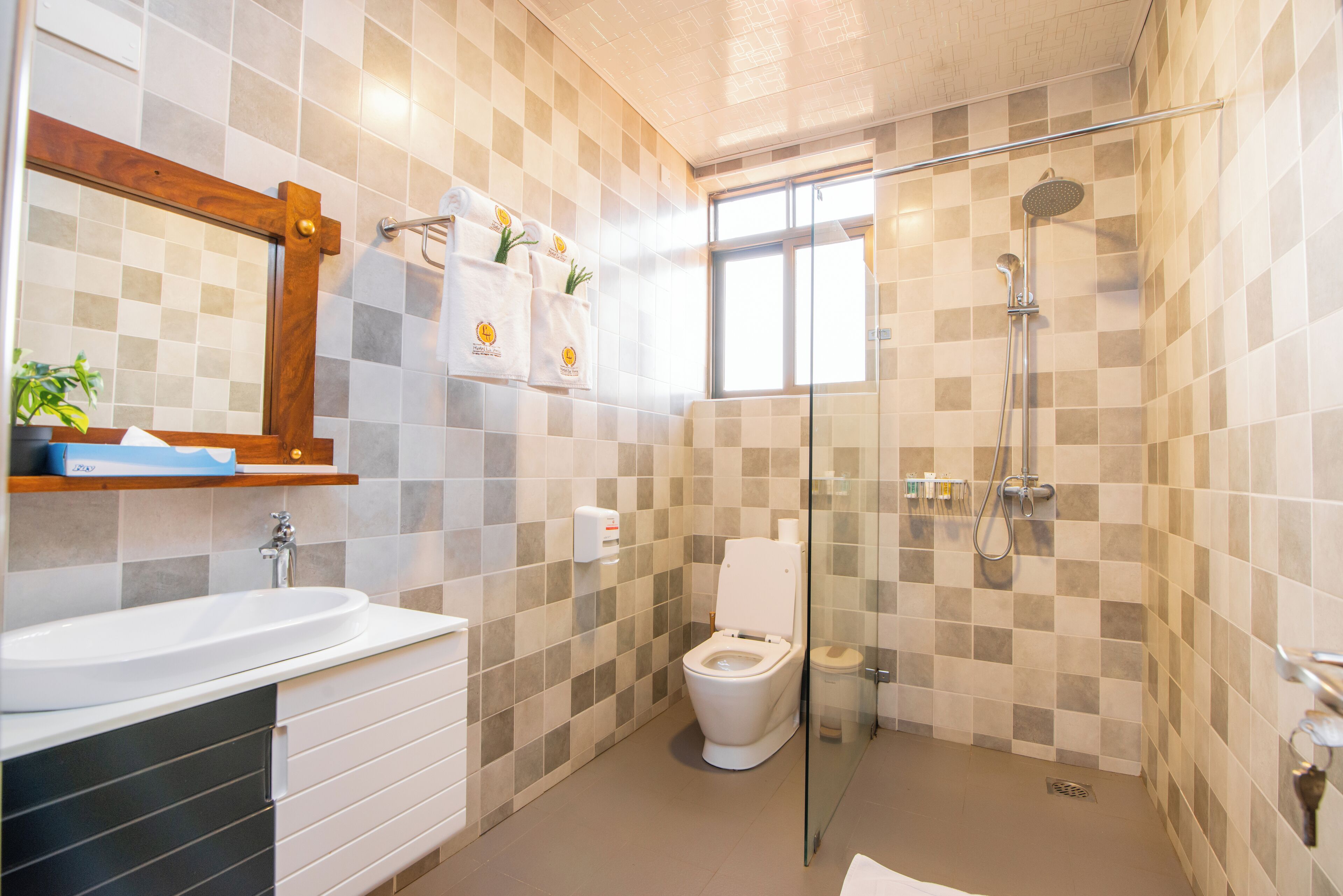 A modern bathroom with a glass-enclosed shower, a white sink, and a toilet.