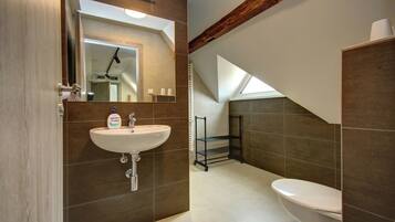 Une salle de bain moderne avec un lavabo blanc, un miroir et des toilettes. Une lucarne se trouve au-dessus des toilettes, et les murs sont recouverts de carreaux.