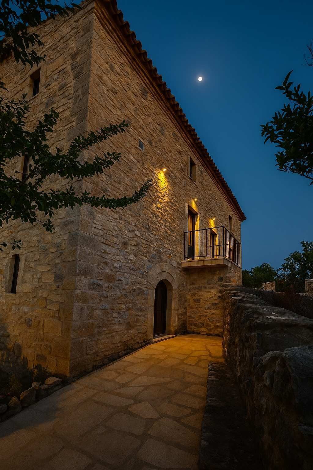 A stone building with a balcony and a moon in the sky.