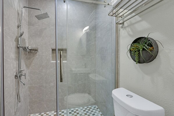 A modern bathroom with a glass-enclosed shower, a white toilet, and a wall-mounted plant.