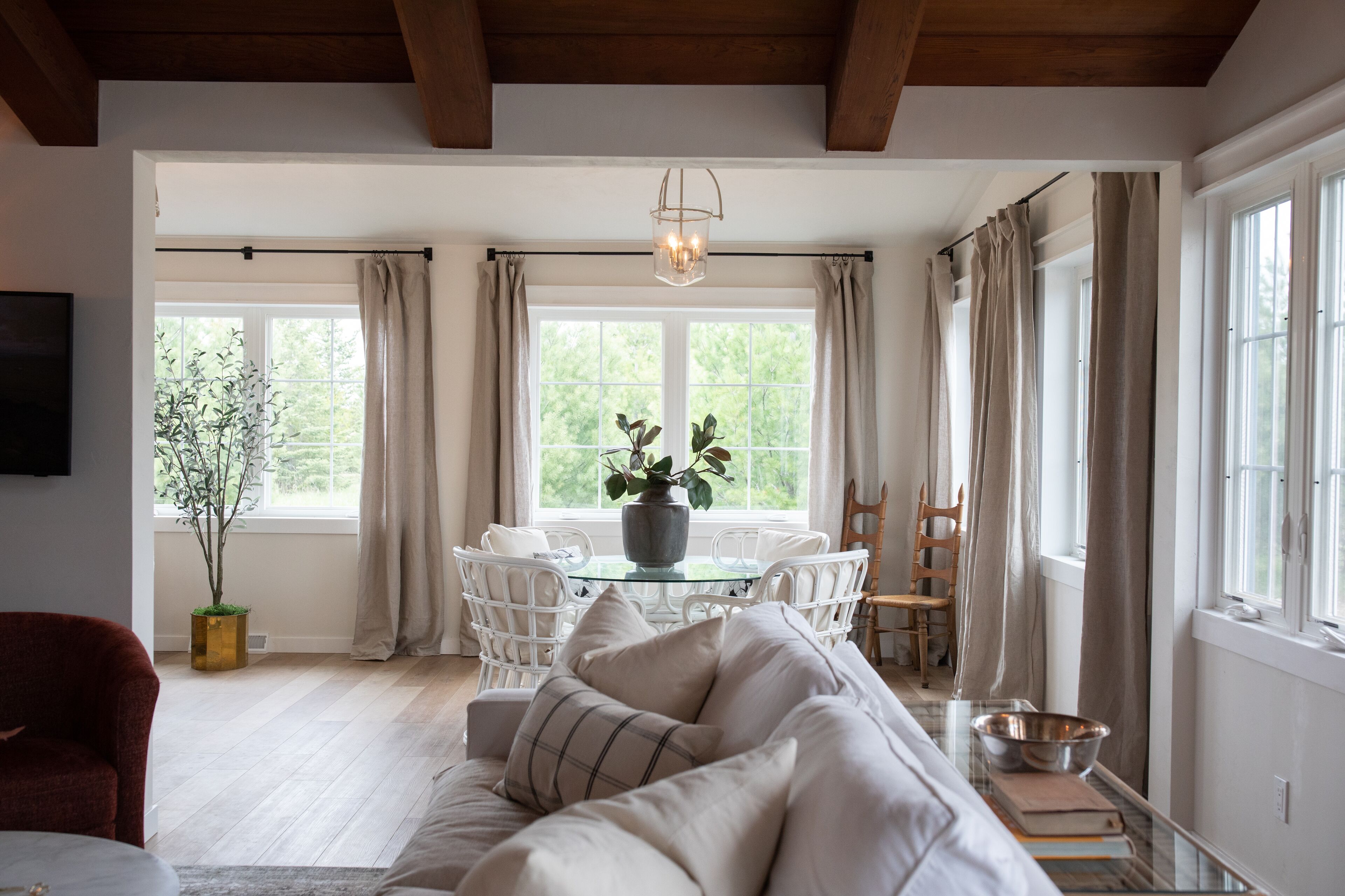 Smart TV, fireplace, books, music library