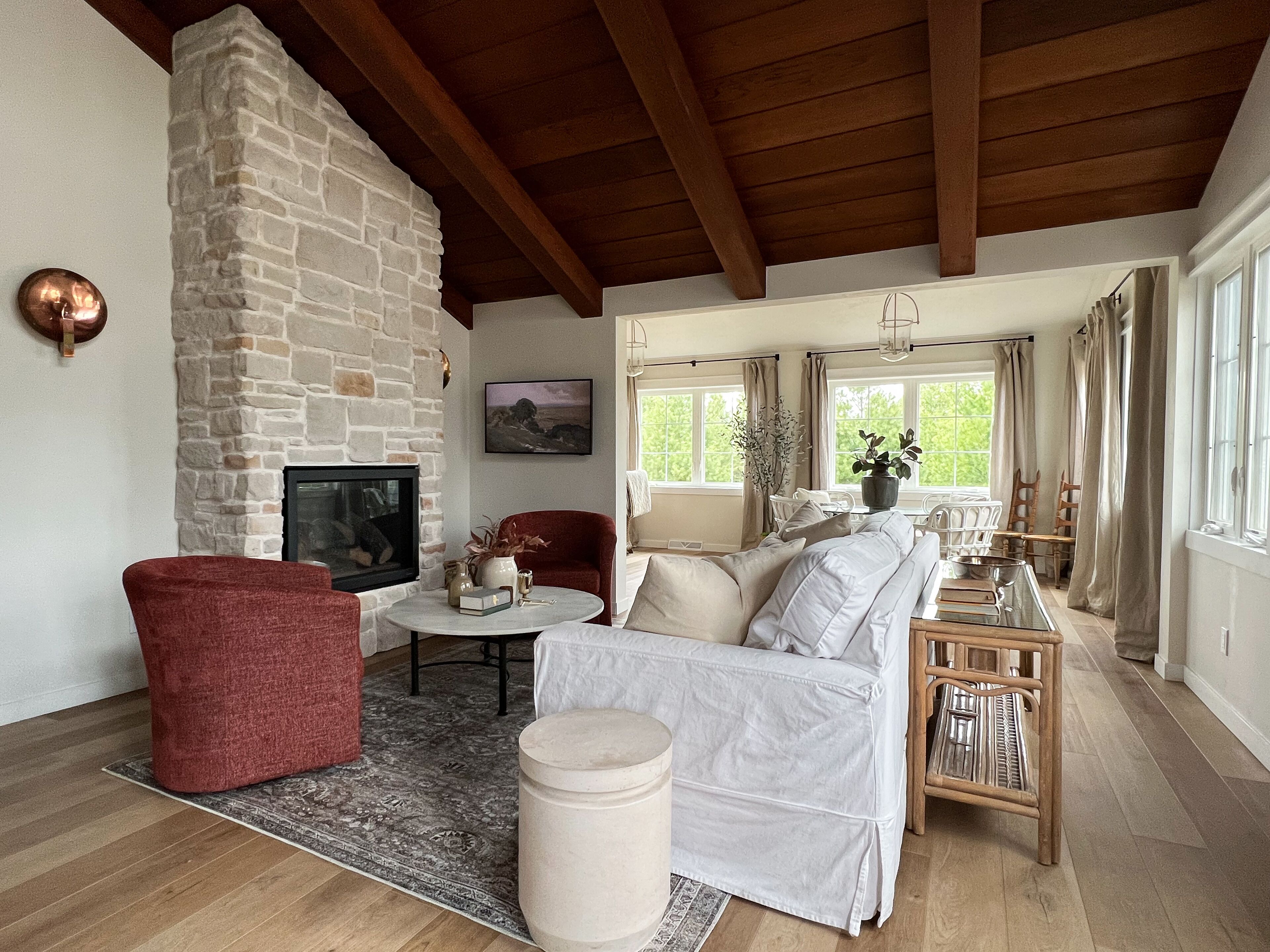 Smart TV, fireplace, books, music library