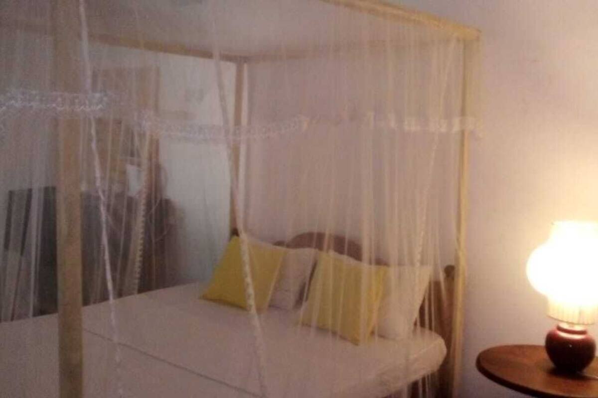 A room with a bed under a mosquito net, a bedside table with a lamp, and a wall-mounted light.