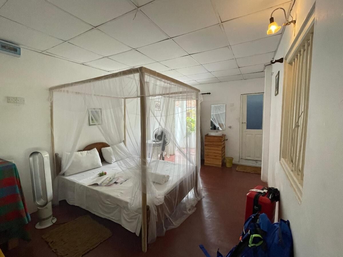 Une chambre avec un lit simple, un lit à baldaquin, une table de chevet, une chaise, un ventilateur, un radiateur, une fenêtre avec des stores et une porte.