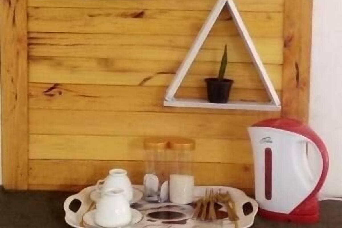 A wooden wall with two triangular shelves holding potted plants. Below, a tray with a teapot, cups, and a red kettle is placed on a dark surface.
