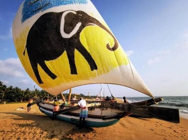 Un voilier traditionnel orné d’un grand motif d’éléphant sur sa voile, amarré sur une plage de sable fin, avec des palmiers en arrière-plan.