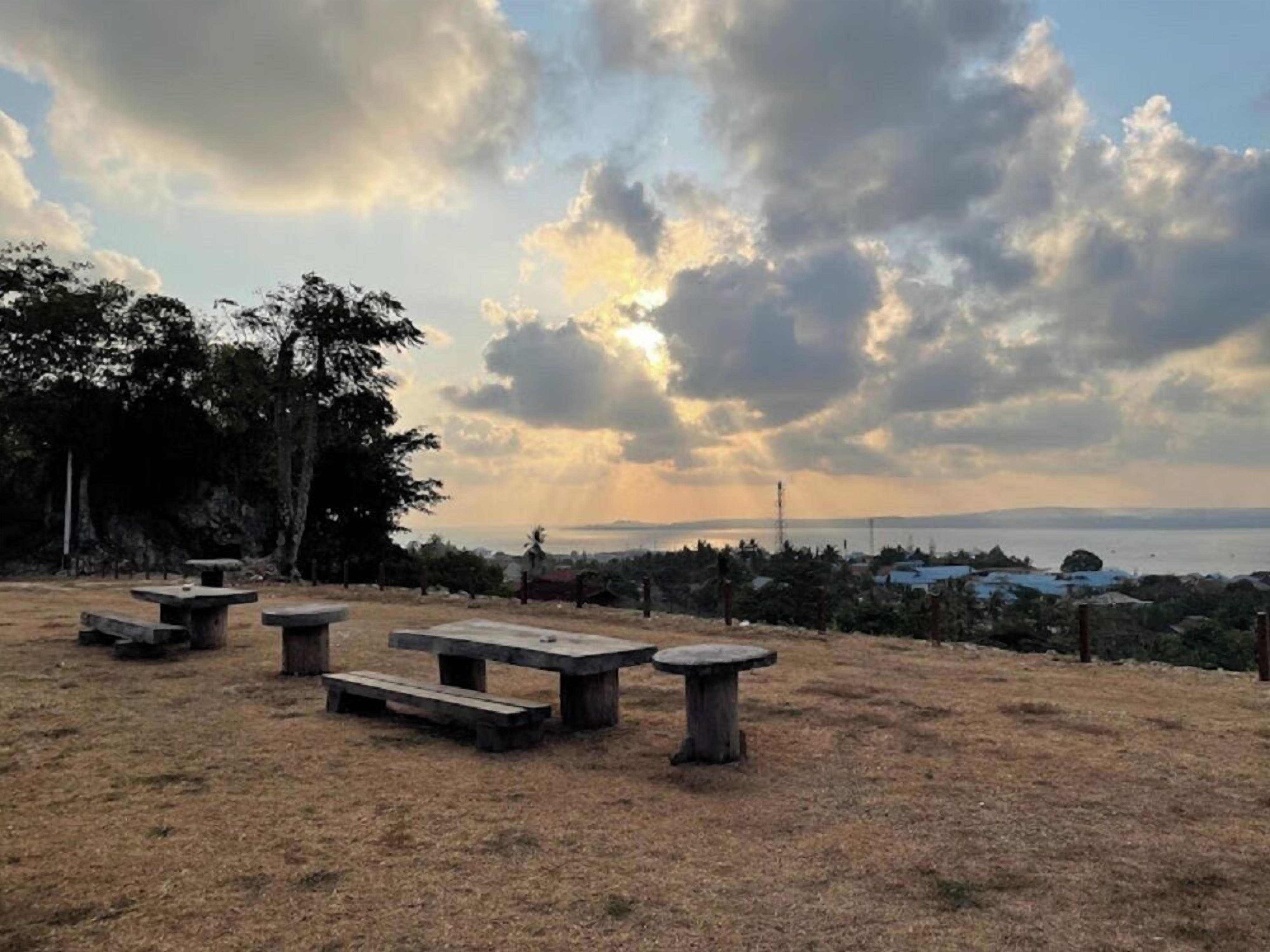 A picnic area with benches and a view of the sea and distant buildings.