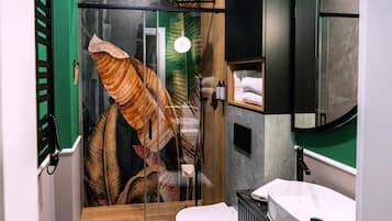 Shower, hydromassage showerhead, hair dryer, towels