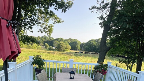 A covered outdoor deck with a table and chairs, surrounded by white railings and trees. - Beautiful Country Setting Near Newport (Portsmouth)
