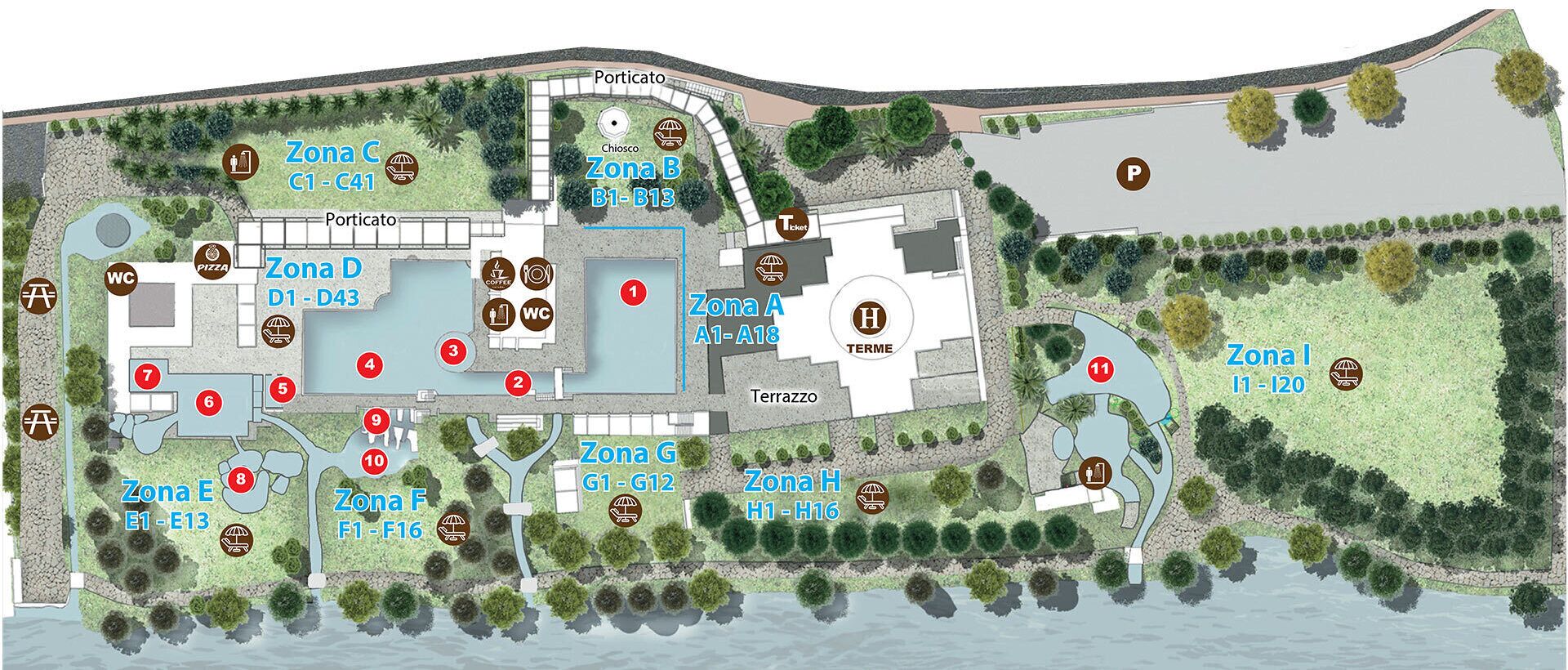 Un plan d’hôtel divisé en zones, de A à H, chacune offrant des équipements spécifiques, comme une piscine, un restaurant et un parking.