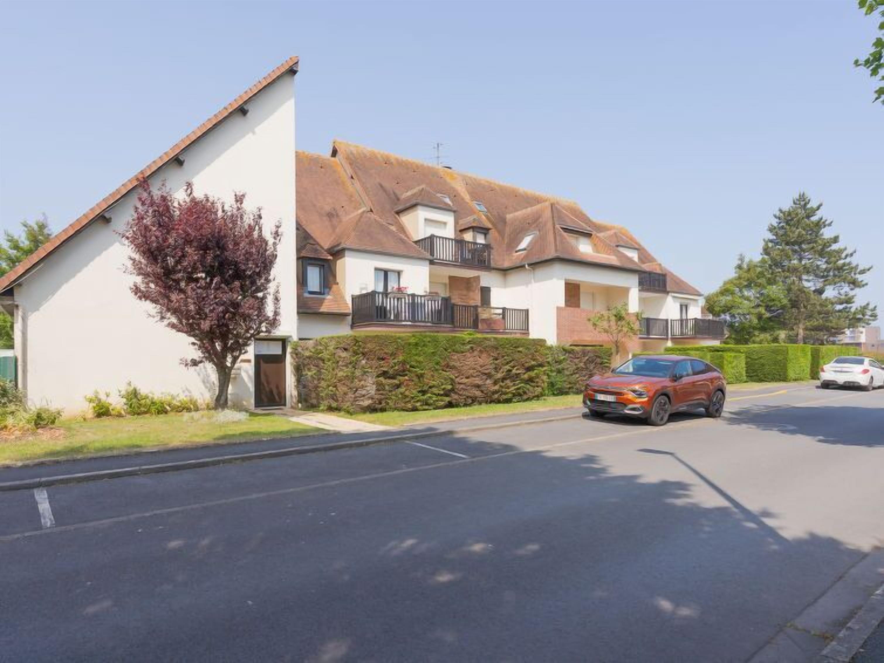A residential street with houses, a tree, and parked cars.