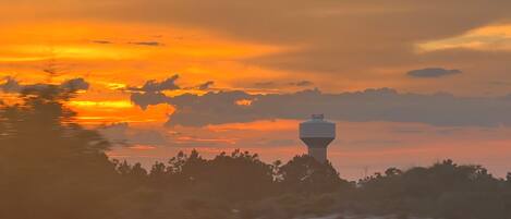 A water tower with a flat top, surrounded by trees and a body of water reflecting the sunset.