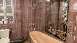 Un baño con bañera, inodoro y zona de ducha.