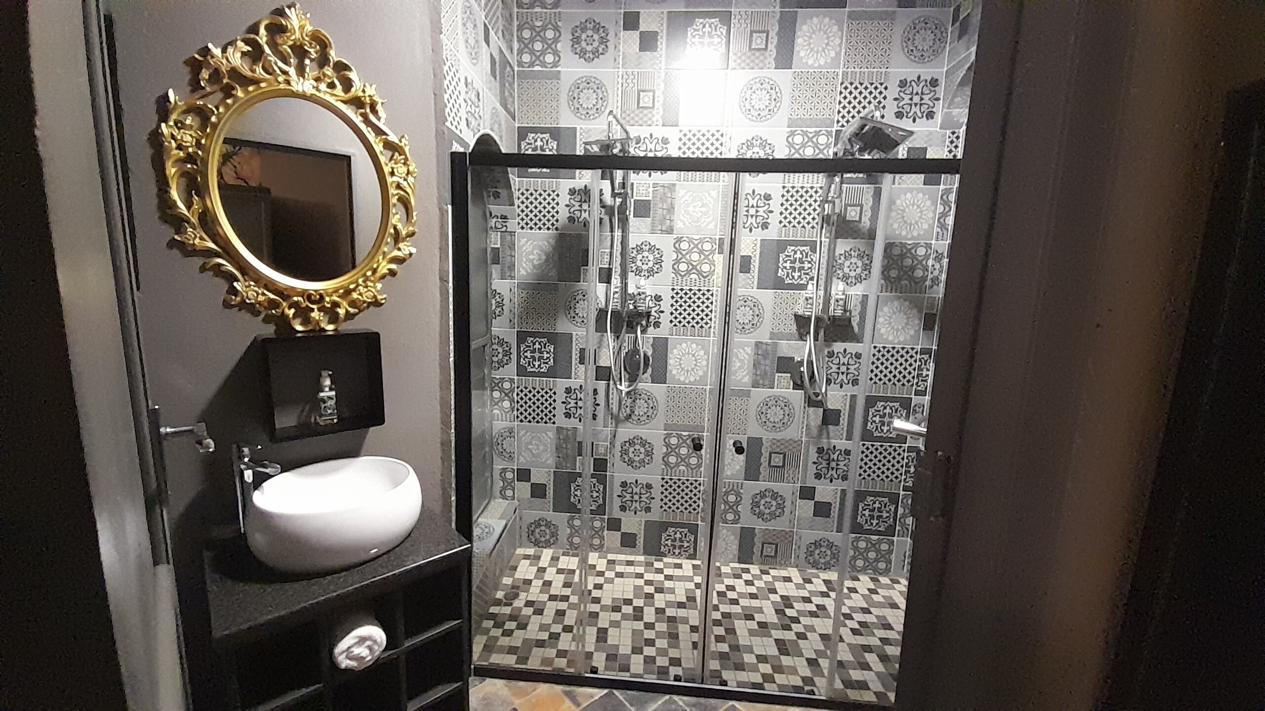 A bathroom with a white sink, a gold-framed mirror, and a shower with patterned tiles.