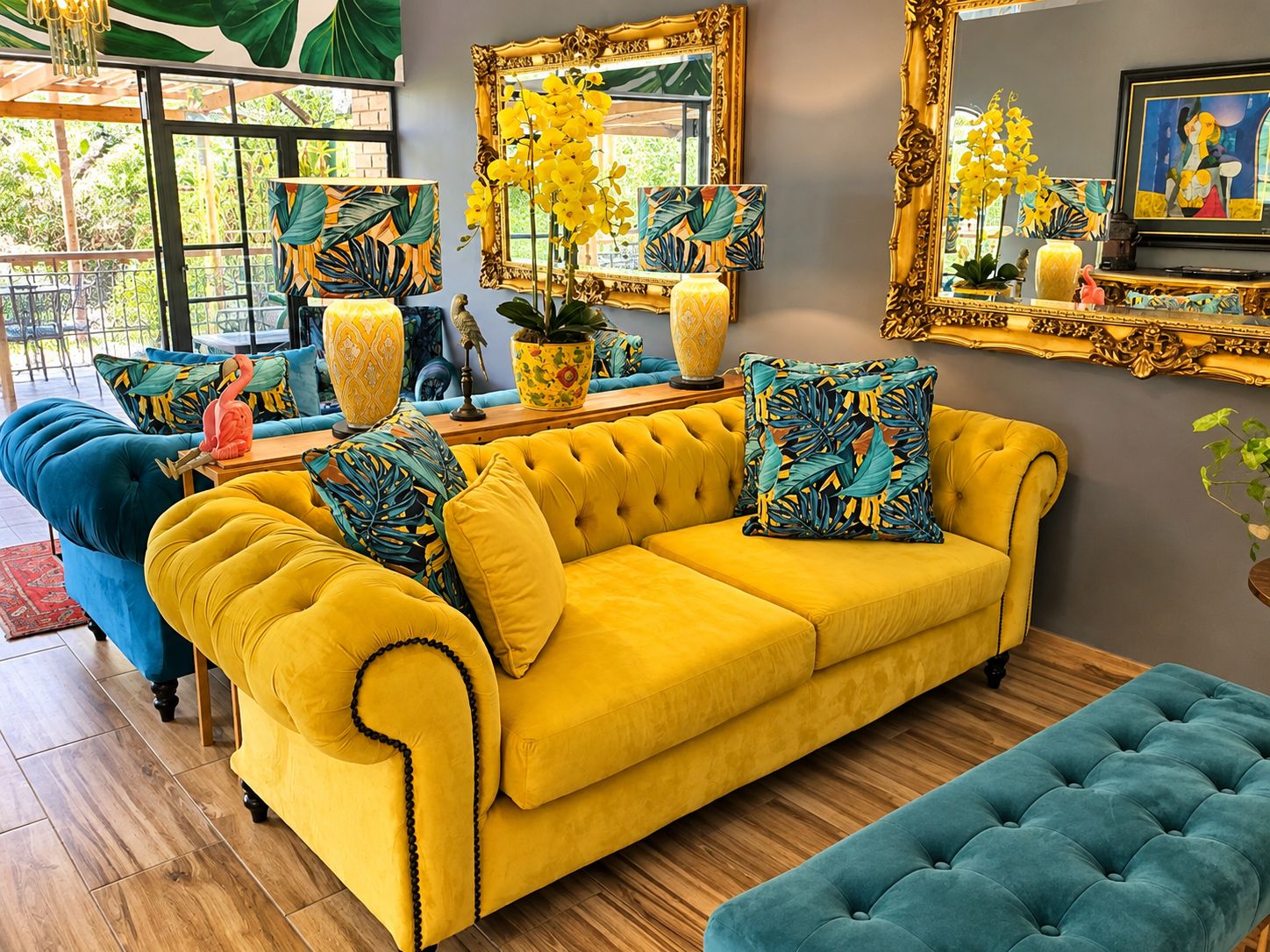 Une pièce avec un canapé jaune, un fauteuil bleu et un pouf turquoise. On y trouve des vases décoratifs et un miroir accroché au mur.