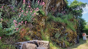 Une structure en pierre avec un banc, entourée de verdure et d’une falaise rocheuse.