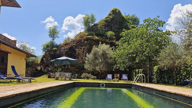 Une piscine avec vue sur une montagne et des arbres.