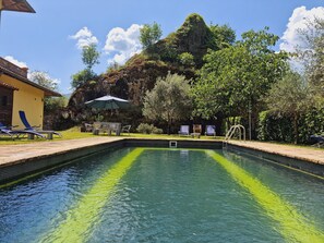 A swimming pool with a view of a mountain and trees. - 2 Apartments Rented Together With Private Pool, Sleeps 9, Walk to Restaurants (Villetta)