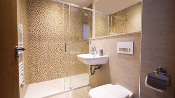 Basic Studio, 1 Double Bed, Sea View | Bathroom | Shower, hair dryer, soap, shampoo