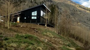 A modern black cabin with large windows, situated on a hillside with a view of a forested mountain.