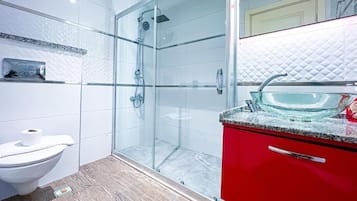Departamento básico, 1 habitación | Baño | Regadera tipo lluvia, secadora de cabello, pantuflas, toallas